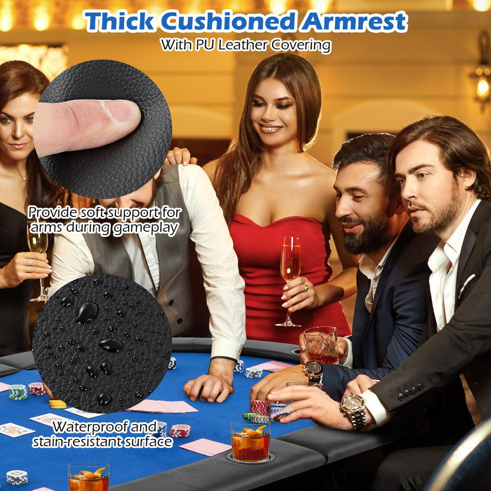 Thick cushioned armrests with PU leather covering on a blue poker table top, ideal for 10-player gameplay.