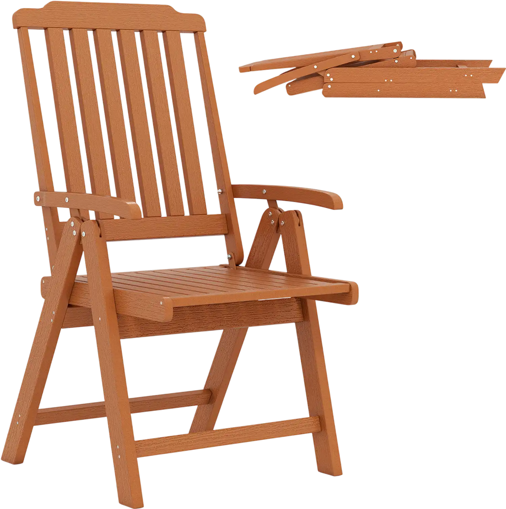 Foldable brown patio chair made of weatherproof HDPE with armrests, perfect for outdoor dining and easy storage.