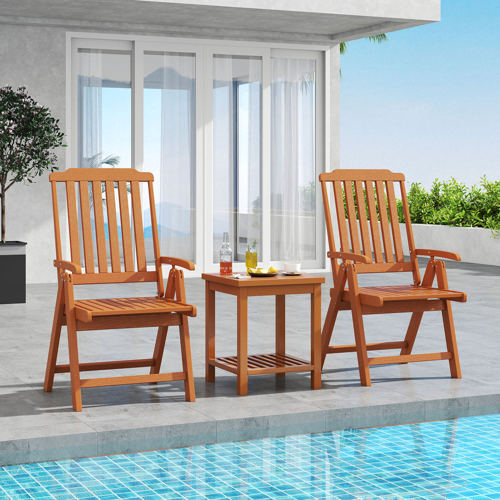 Foldable brown patio chair with armrests and slatted design, crafted from weatherproof HDPE for outdoor use.
