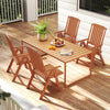 Foldable brown patio dining chair made of weatherproof HDPE, featuring armrests and a slatted design for outdoor use.