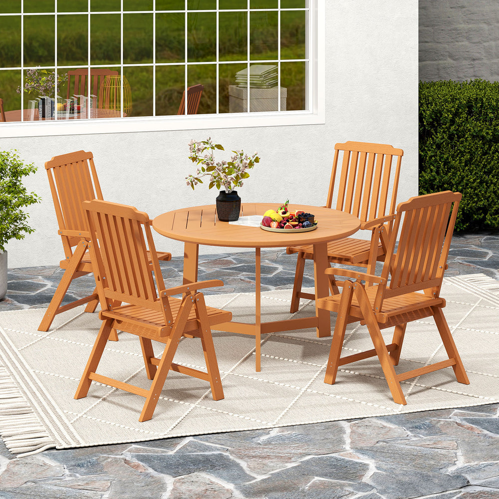 Foldable brown patio chair with armrests, crafted from weatherproof HDPE, perfect for outdoor dining and relaxation.