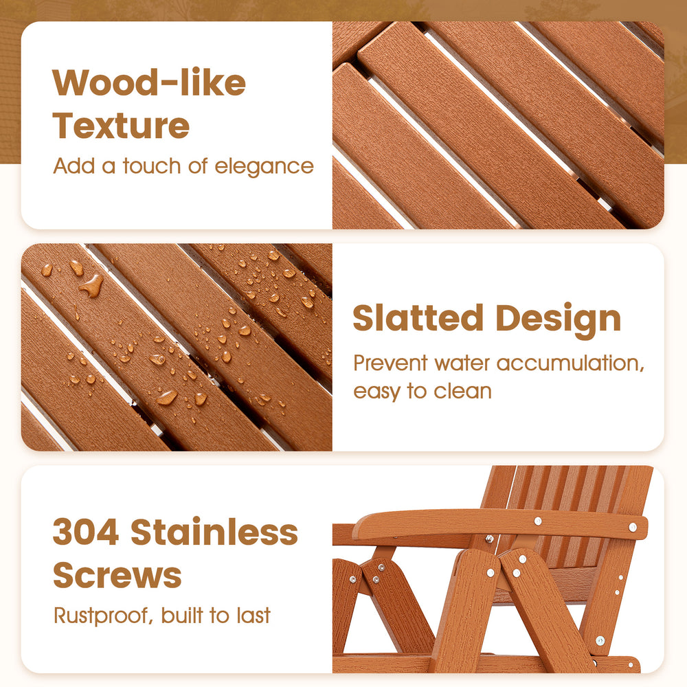 Close-up of the slatted design of a brown foldable patio chair, made of weatherproof HDPE for outdoor use.