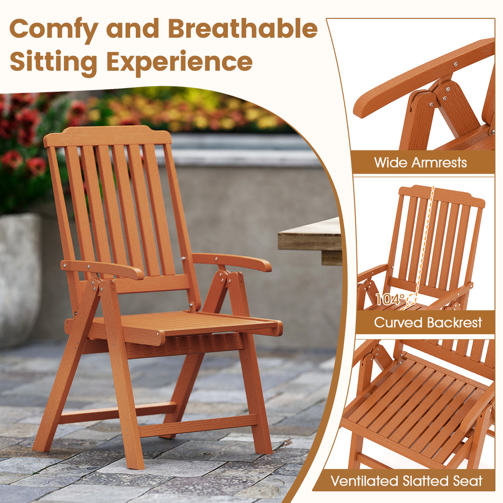 Foldable brown patio chair with wide armrests and slatted seat, crafted from weatherproof HDPE for outdoor use.