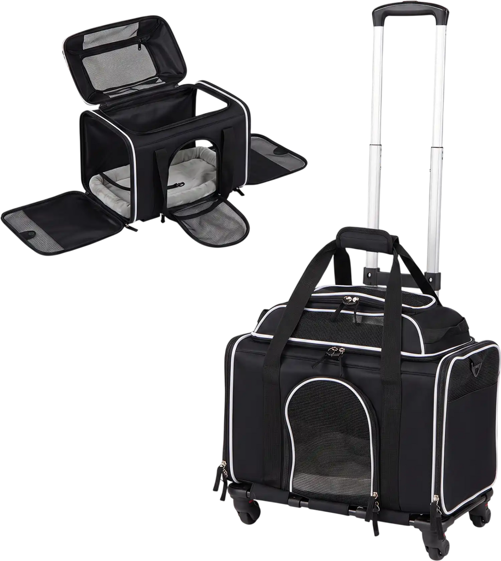 Foldable pet carrier with wheels showcases a spacious interior, extra openings for easy access, and durable fabric for travel.