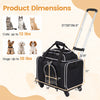 Foldable black pet carrier with wheels, suitable for cats up to 12 lbs and dogs up to 10 lbs, ideal for travel.