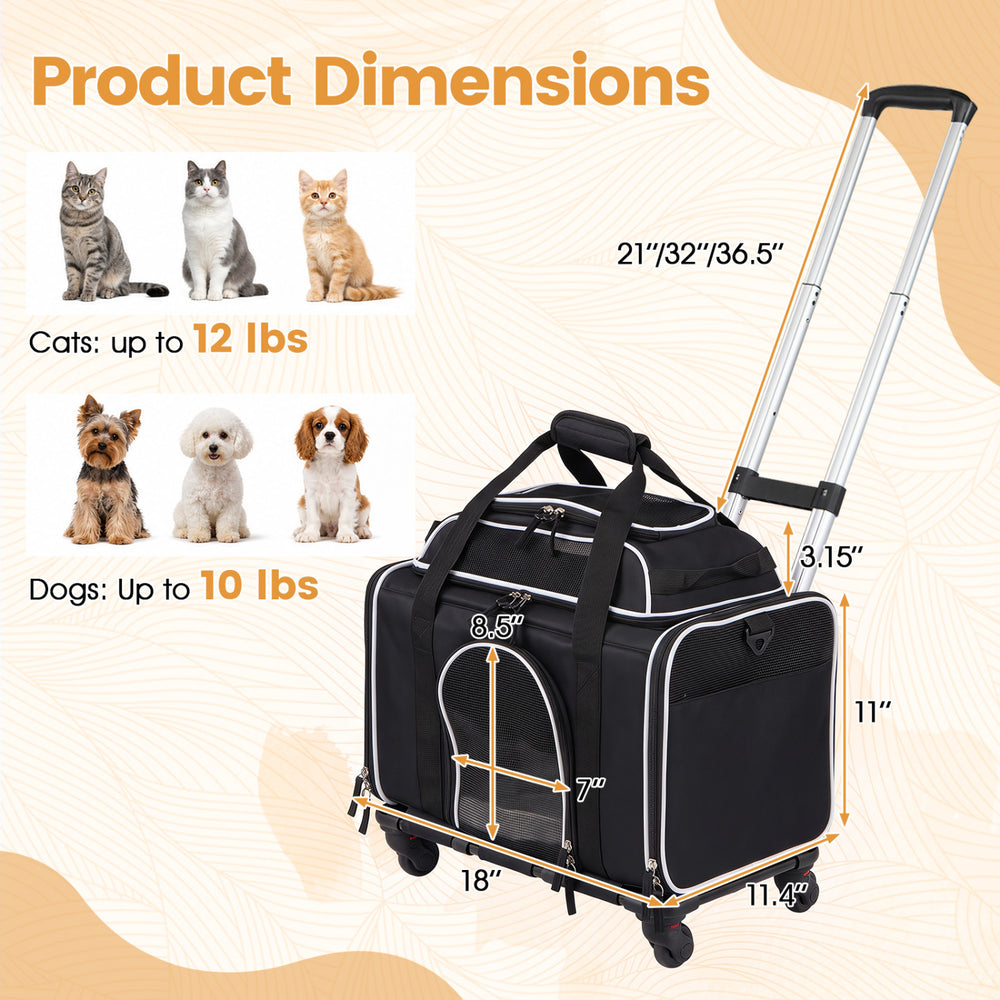 Foldable black pet carrier with wheels, suitable for cats up to 12 lbs and dogs up to 10 lbs, ideal for travel.