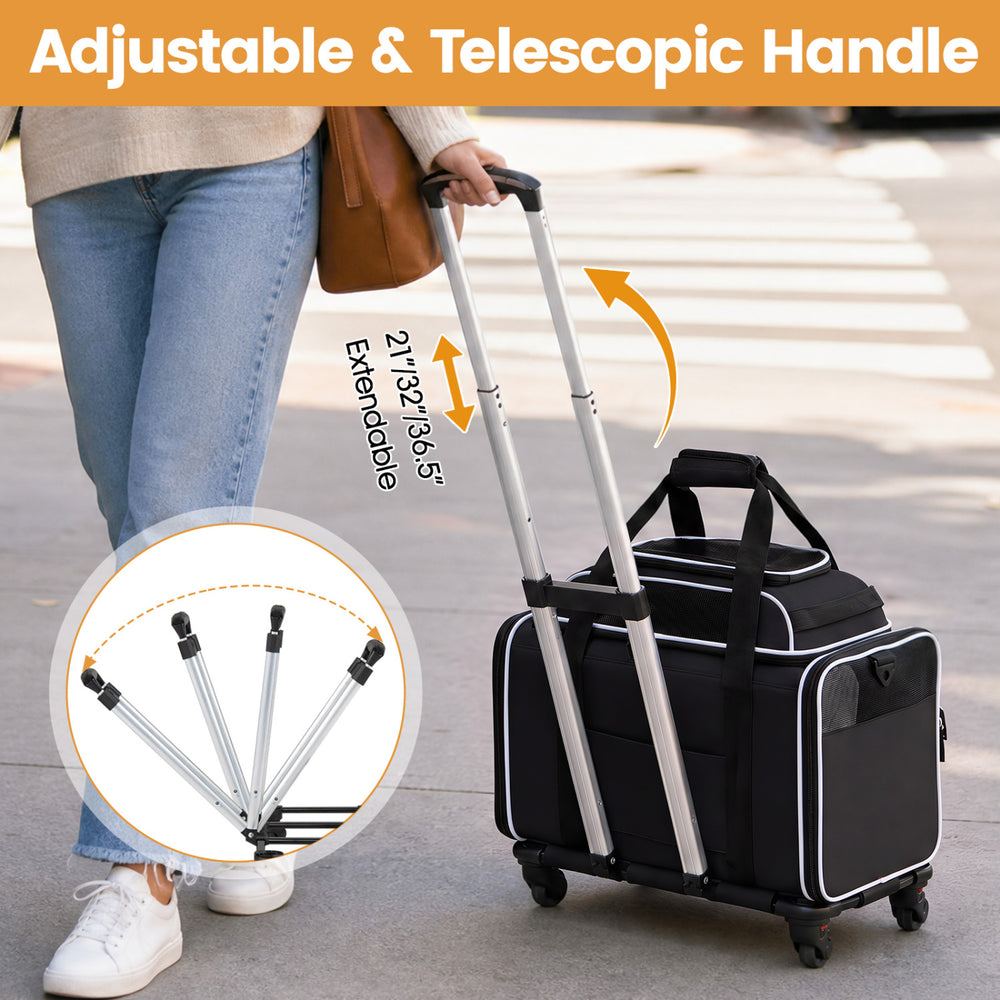 Foldable pet carrier with wheels features an adjustable telescopic handle for easy transport and access for small pets.