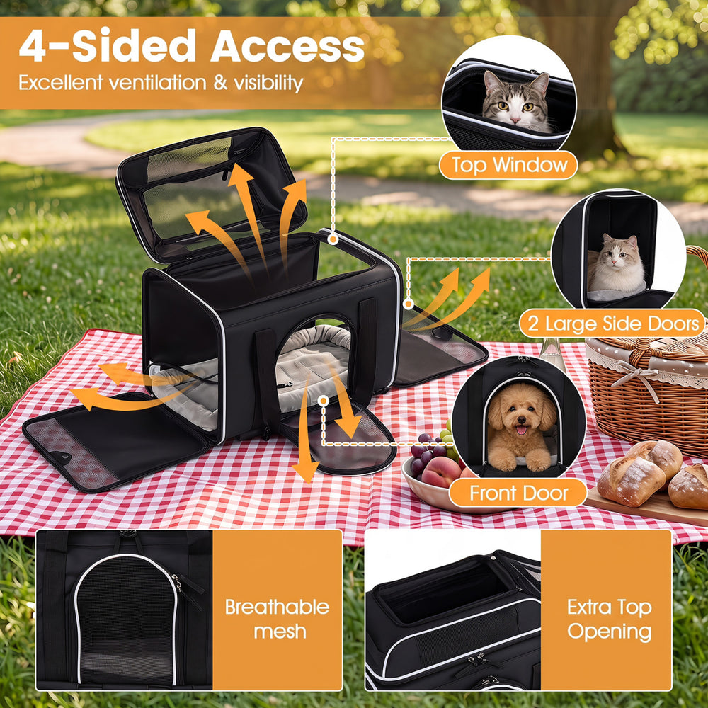 Foldable pet carrier with wheels features breathable mesh, extra openings, and a comfortable space for small pets.