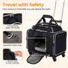 Foldable pet carrier with wheels features breathable mesh windows and safety leash, ideal for small pets under 12 lbs.