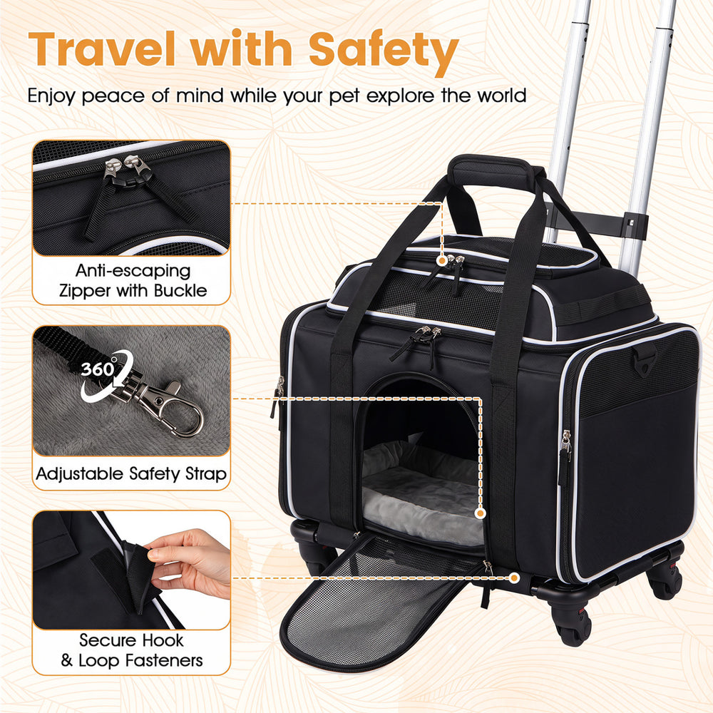 Foldable pet carrier with wheels features breathable mesh windows and safety leash, ideal for small pets under 12 lbs.