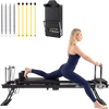Foldable Pilates reformer machine in black, featuring a user performing an exercise, ideal for home gym workouts.