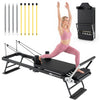 Foldable Pilates reformer machine in black with adjustable resistance, ideal for home gym workouts and fitness training.