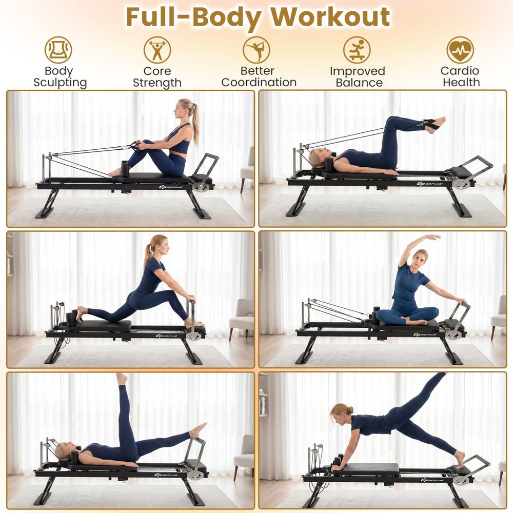 Foldable Pilates reformer machine in black showcasing full-body workouts for home gym use, enhancing strength and.