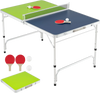 Foldable ping pong table set in blue and green with adjustable height, includes paddles and balls for indoor or outdoor.
