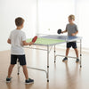 Mini foldable ping pong table in blue and green, adjustable height for kids and adults, perfect for indoor and outdoor.