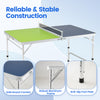 Foldable ping pong table with blue and green surfaces, adjustable height, and aluminum frame for indoor and outdoor.