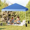 Foldable 10x10 feet blue pop-up canopy tent providing shade for family picnics and outdoor events in a grassy area.