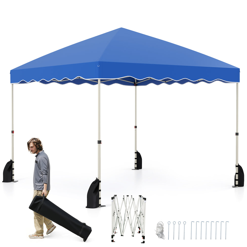 Foldable 10x10 feet blue pop-up canopy tent with wheeled bag, ideal for outdoor events and easy setup.