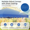 Blue oxford canopy tent with silver coating, offering UPF50+ sun protection and fade resistance, ideal for outdoor.