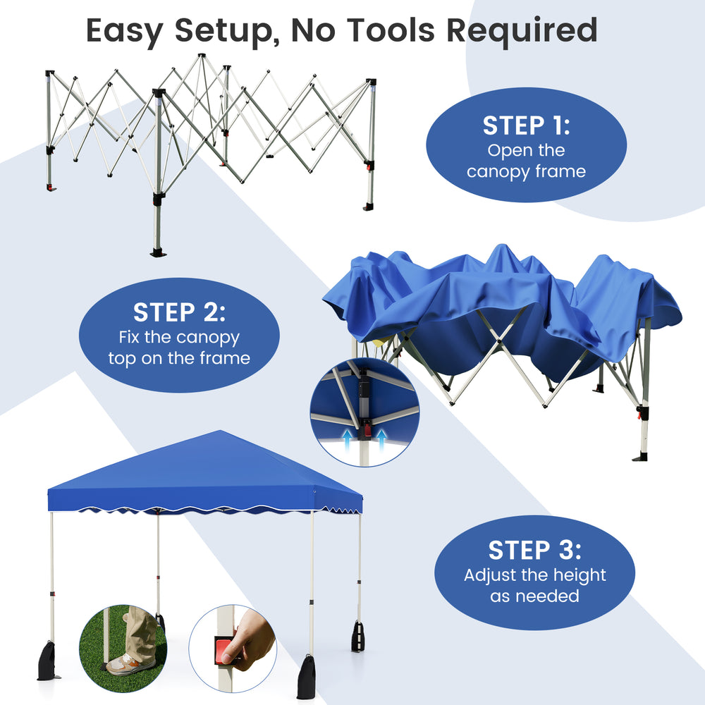 Foldable 10x10 feet blue pop-up canopy tent with easy setup steps, ideal for outdoor events and protection from the sun.