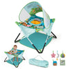 Foldable portable baby jumper in blue features a sturdy frame, removable padded seat, and interactive toys for indoor/outdoor fun.