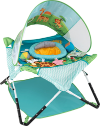 Foldable portable baby jumper in blue features a canopy, interactive toys, and adjustable height for indoor or outdoor fun.