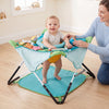 Foldable portable baby jumper in blue features interactive toys and a canopy, ideal for indoor and outdoor use.