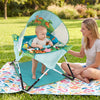 Foldable portable baby jumper in blue features a canopy, interactive toys, and a sturdy frame for indoor or outdoor use.
