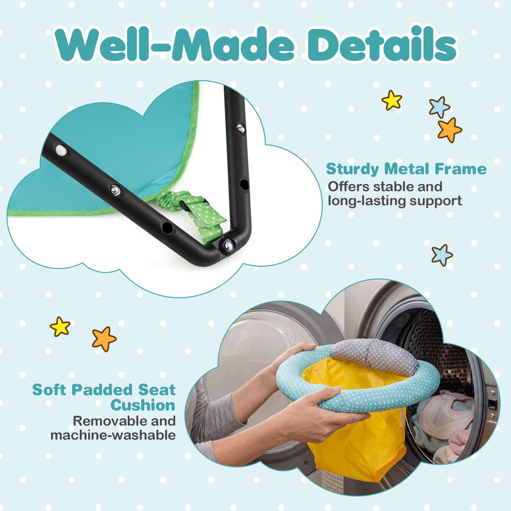 Foldable portable baby jumper features a sturdy metal frame and removable padded seat cushion for indoor and outdoor use.