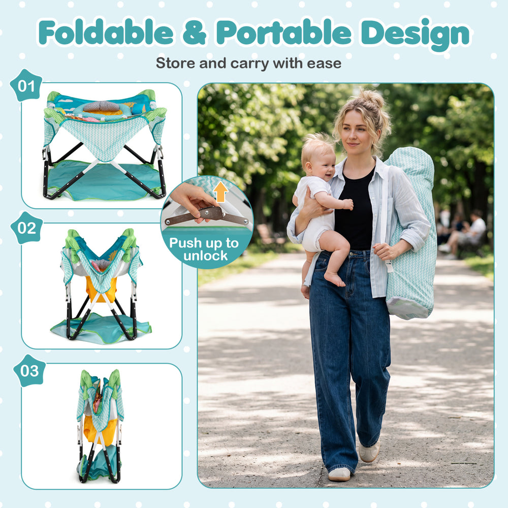 Foldable Portable Baby Jumper in blue features a sturdy frame, removable padded seat, and includes 5 interactive toys for fun.