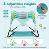 Adjustable height settings of the blue foldable portable baby jumper provide interactive fun and sunshade for infants.