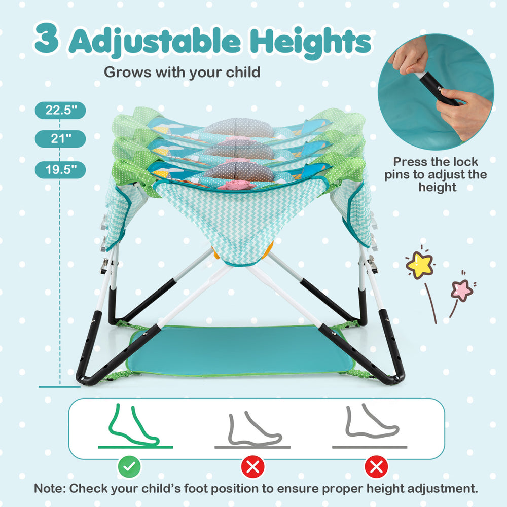 Adjustable height settings of the blue foldable portable baby jumper provide interactive fun and sunshade for infants.