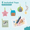 Foldable portable baby jumper in blue with five interactive toys for indoor and outdoor infant activity and fun.