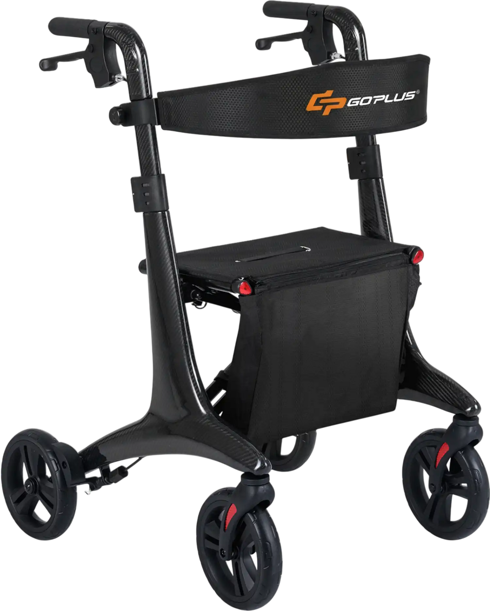 Foldable rollator walker in black with carbon fiber frame, adjustable height, and spacious seat for seniors' comfort.