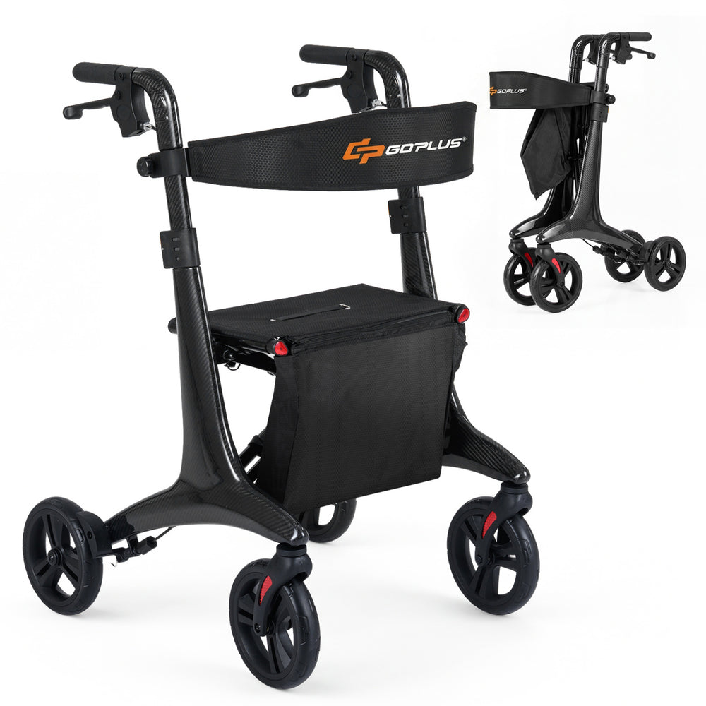 Side view of the foldable rollator walker in black, showcasing its lightweight carbon fiber frame and spacious storage.