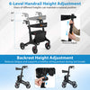 Foldable rollator walker with adjustable handrail and backrest heights, designed for seniors' comfort and stability.