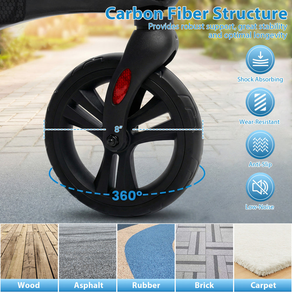 Close-up of the 8-inch wheel of the Foldable Rollator Walker, featuring anti-slip, shock-absorbing, and low-noise.