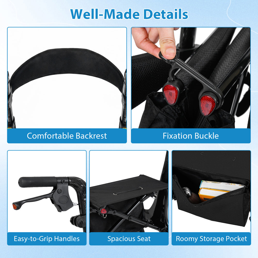 Comfortable backrest and easy-to-grip handles of the black foldable rollator walker for seniors with spacious seat.