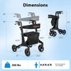 Foldable rollator walker dimensions showing height and width, featuring a carbon fiber structure and spacious seat for.