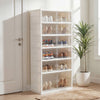 Foldable shoe rack organizer in white, 6-tier design holds 12 pairs of shoes with see-through doors for easy access.