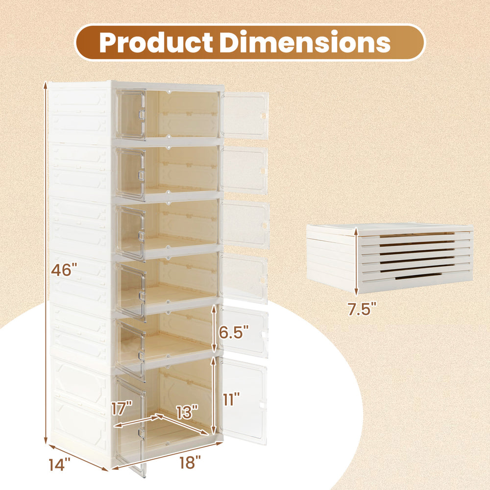 Foldable shoe rack organizer with 6 tiers for 12 pairs of shoes, featuring see-through doors and collapsible design.
