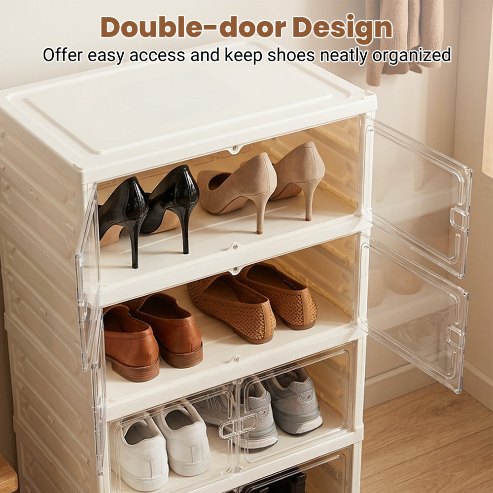 Foldable 6-tier shoe rack organizer in white with double-door design, accommodating 12 pairs for easy access and.