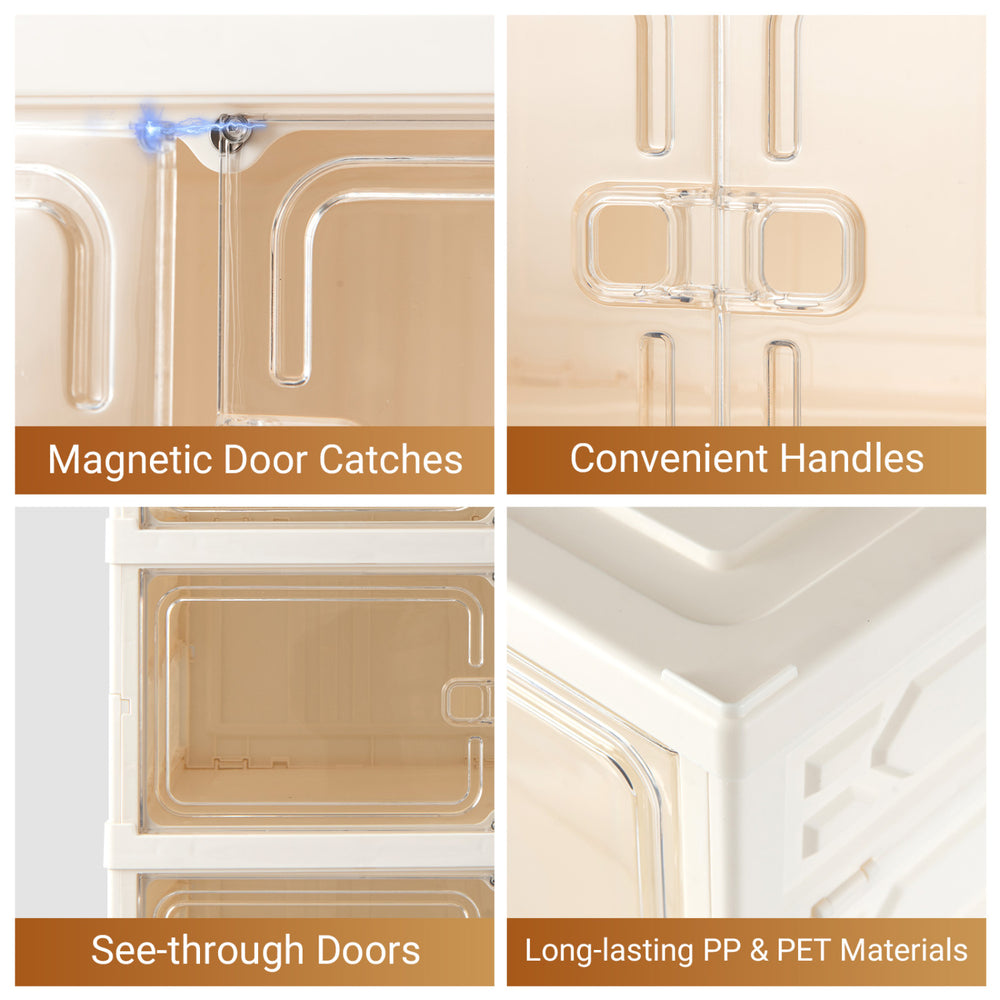Close-up of the Foldable Shoe Rack Organizer showing see-through doors, convenient handles, and magnetic door catches.