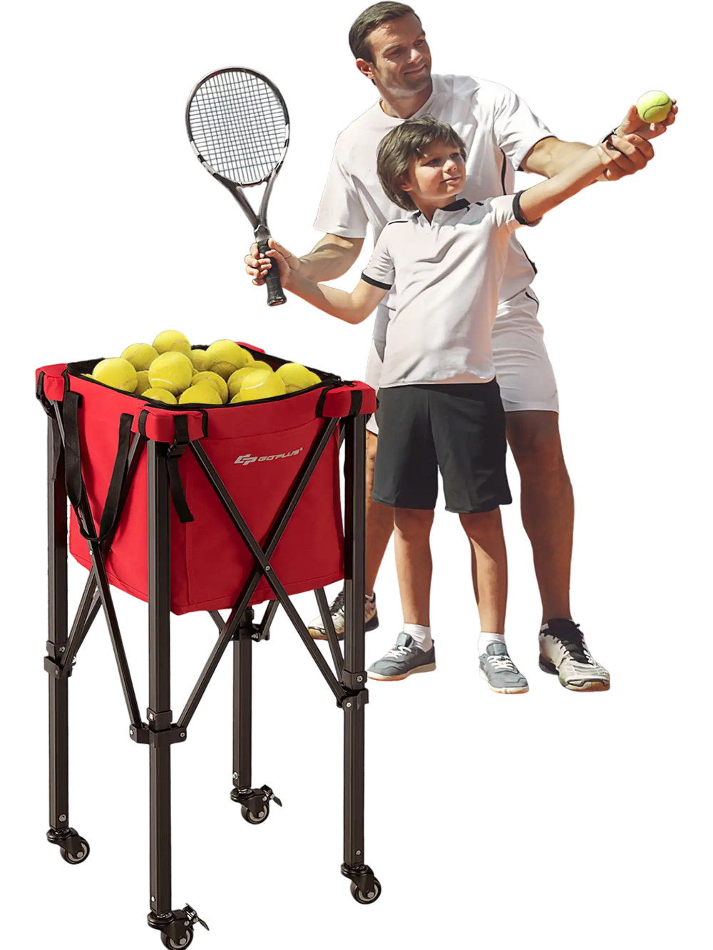 Lightweight foldable tennis ball cart in red with removable bag, holding 150 balls, ideal for teaching and easy.