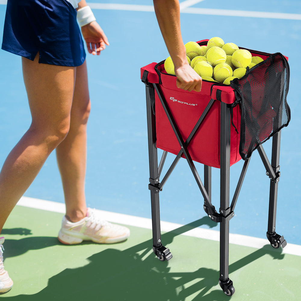 Lightweight foldable tennis ball cart in red with removable bag, holding 150 balls, ideal for easy transport and.