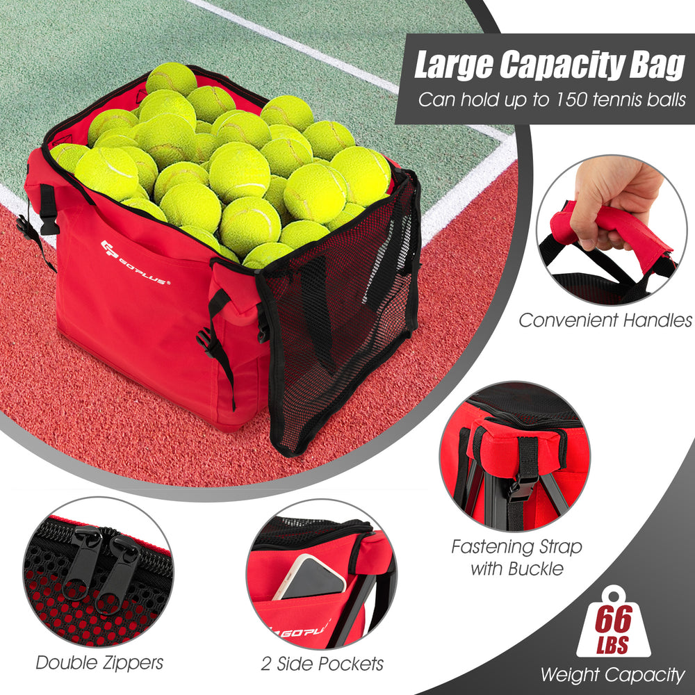 Lightweight foldable tennis ball cart with removable red bag, holding 150 balls, featuring double zippers and 4 wheels.