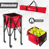 Side view of the lightweight foldable tennis ball teaching cart in red, showcasing the sturdy frame and universal.