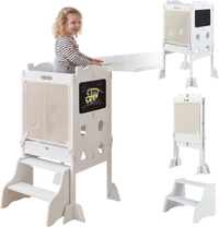 Foldable toddler step stool in white with chalkboards, designed for safe use and creative fun in the kitchen.