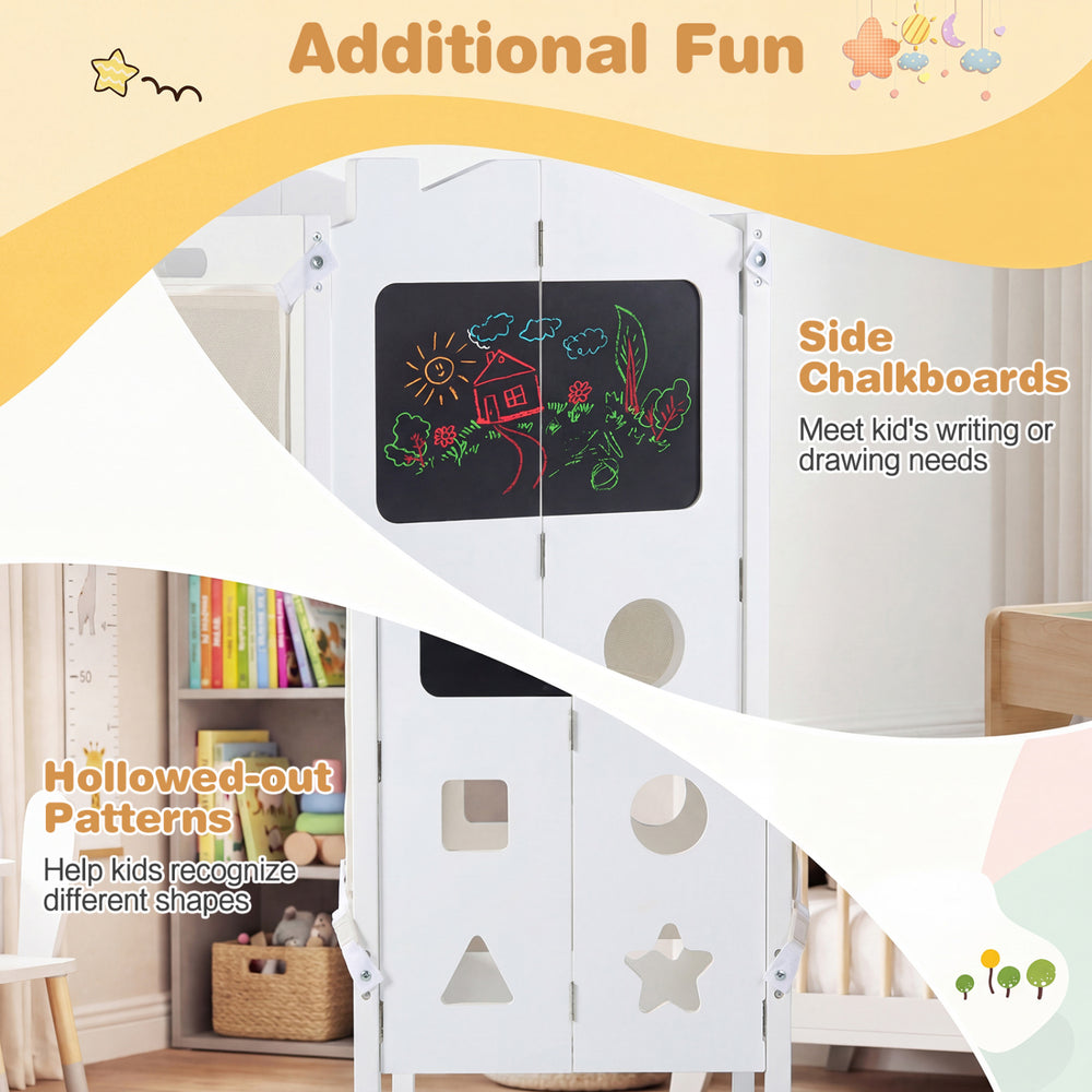 Foldable toddler step stool in white with side chalkboards and hollowed-out patterns for creative play and shape.