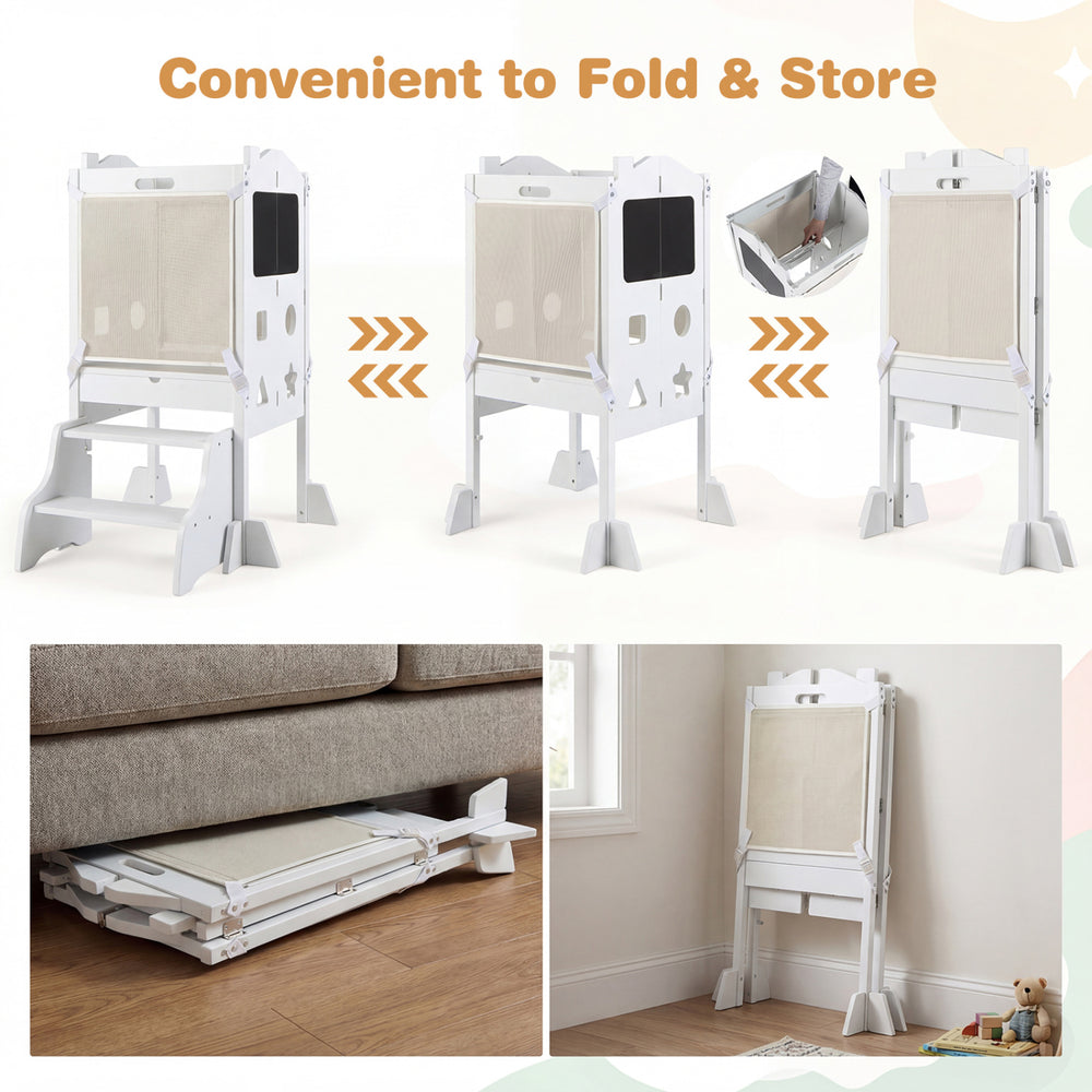 Foldable toddler step stool in white with chalkboards, designed for safe use and easy storage, ideal for kids'.